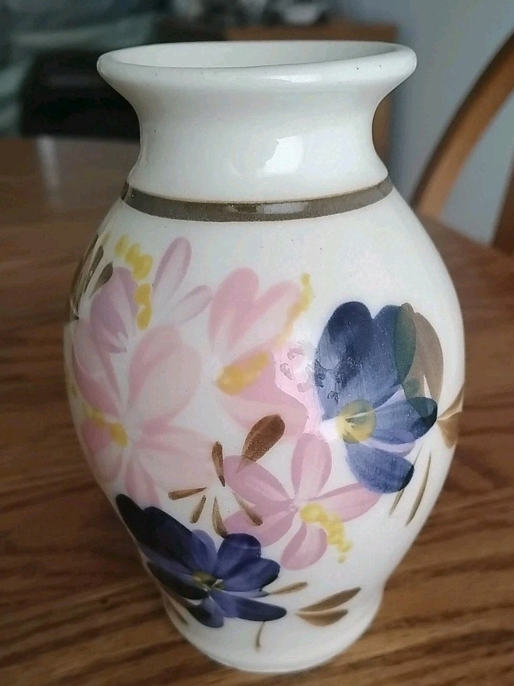 Hand-Painted Floral Ceramic Vase in White with Pink & Blue Flowers